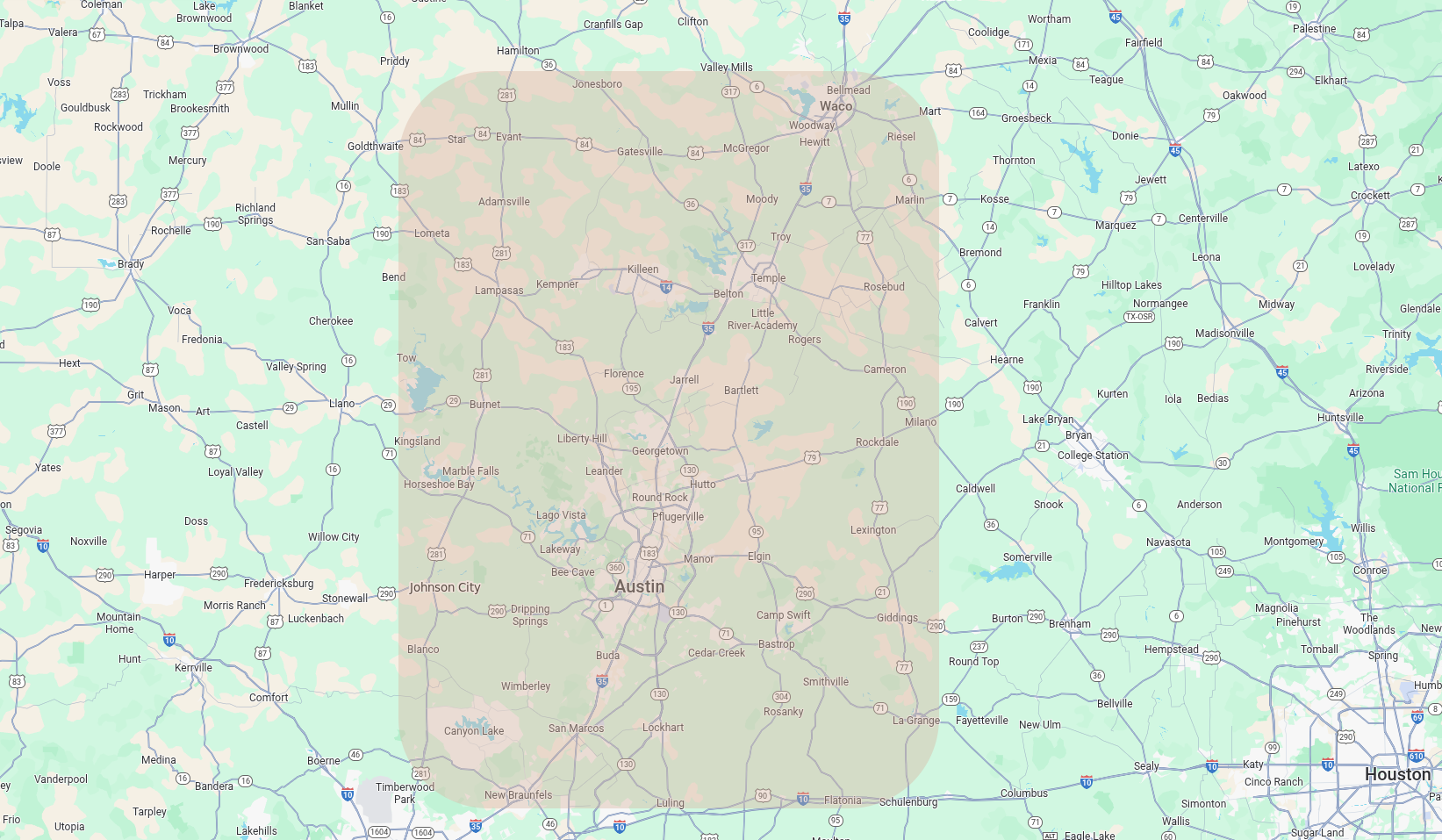 Central Texas Service Area Map - Austin and surrounding counties
